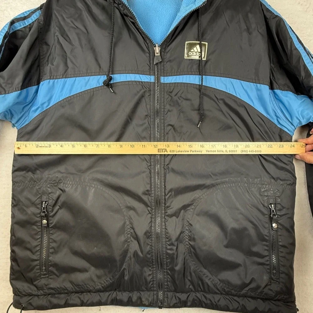 Vtg 90s Adidas Black Blue Fleece reversible Hooded Windbreaker Jacket Mens Large